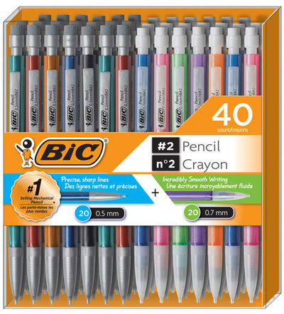 Bic Mechanical Pencil #2 EXTRA SMOOTH, 40 Pack Of Twenty 0.5mm, and Twenty 0.7 mm - Assorted Colored Barrels - Variety Pack of Bic Lead Pencils