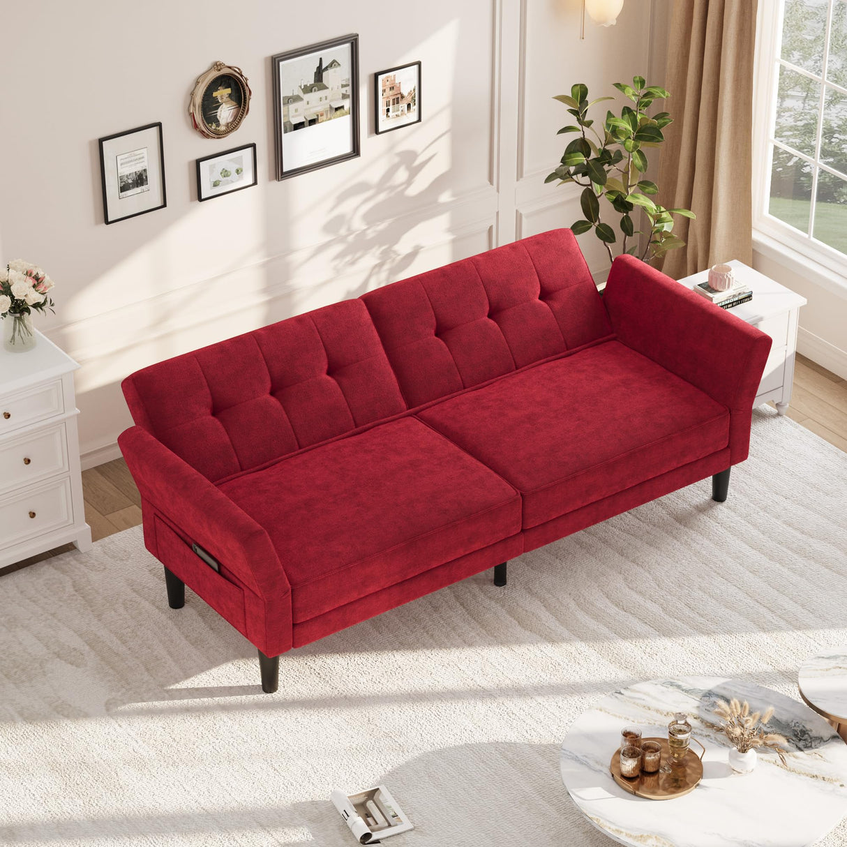 GarveeHome 89" Futon Sofa Bed, Convertible Sleeper Sofa with Adjustable Backrest & Armrest, Modern Futon Couch Bed, Loveseat Sleeper for Living Room Bedroom Apartments, Red GarveeHome