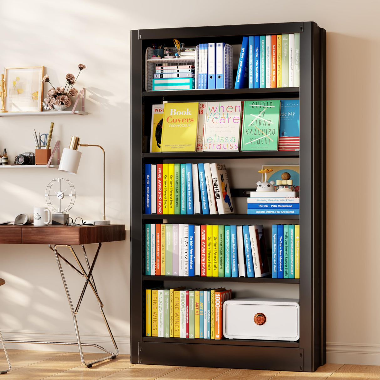 OpolQif Bookshelf, 5-Tier Bookshelf Metal Sturdy Bookcase,71" H Tall Black Bookcase with Adjustable Shelves, Heavy Duty Bookshelf for Living Room, Library, School, Study, Home Office OpolQif