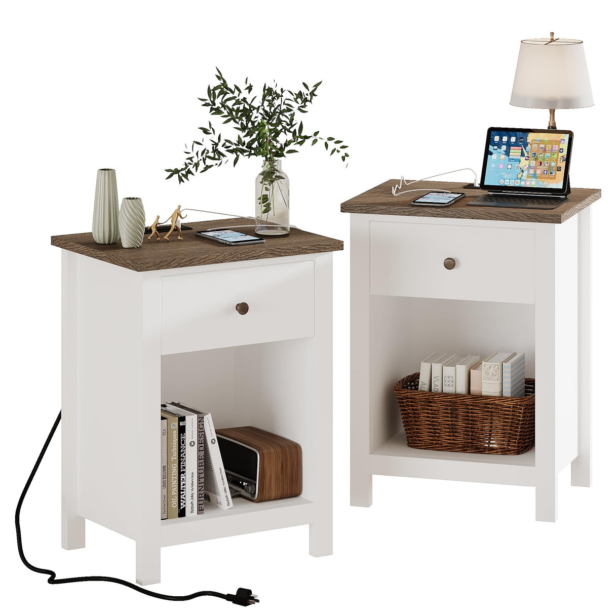 ChooChoo Farmhouse Nightstand Set of 2,Night Stand with Charging Station, Wooden Top Bedside End Table with Drawer and Storage Space for Bedroom, White ChooChoo