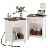 ChooChoo Farmhouse Nightstand Set of 2,Night Stand with Charging Station, Wooden Top Bedside End Table with Drawer and Storage Space for Bedroom, White ChooChoo