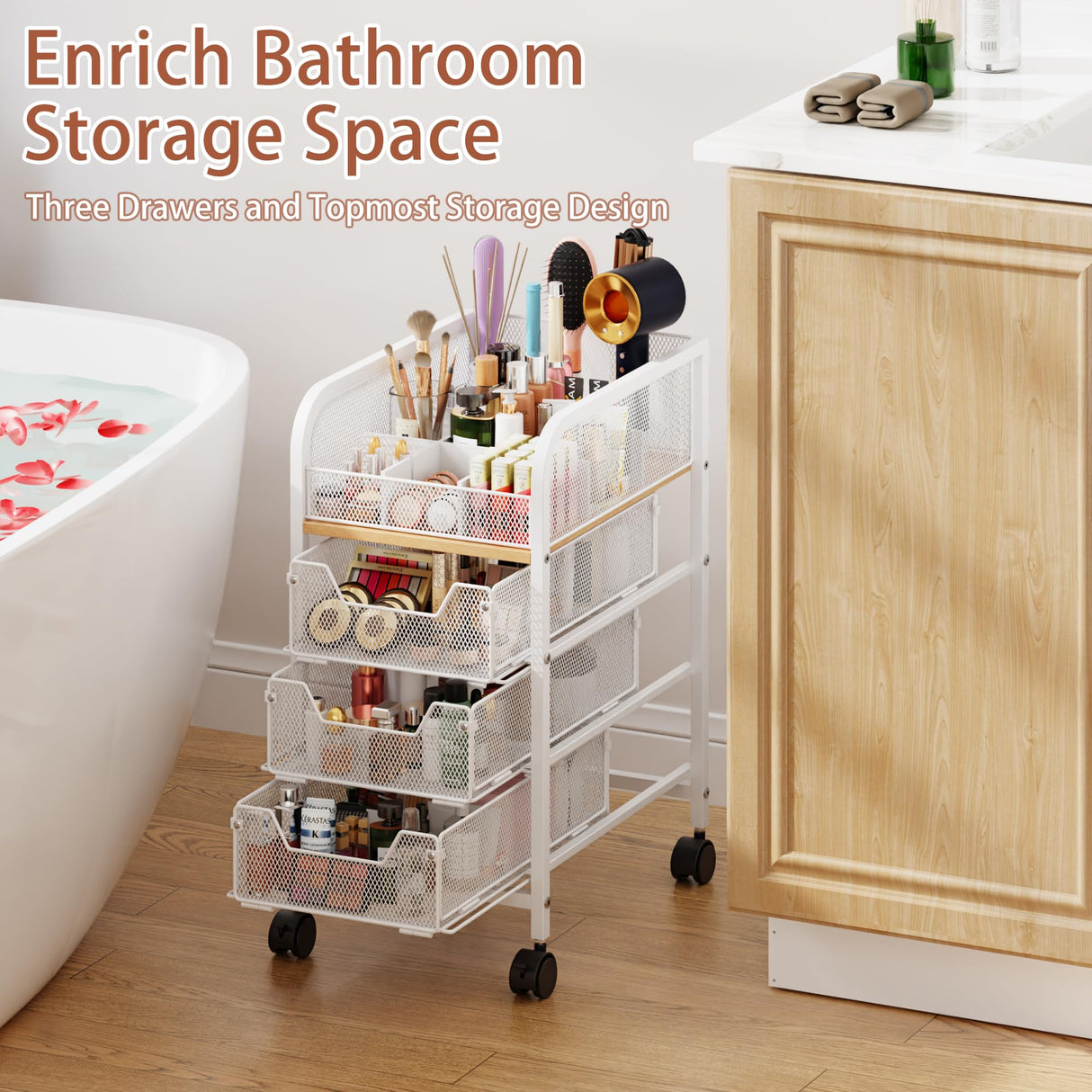 Rolling Makeup Cart Organizer with 3 Drawers, 4-Tier Narrow Floor Skincare Organizers with dividers, Vanity Organizer Cosmetics Display Cases for Makeup Brush, Hair Tool, White Jakyitvi