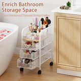Rolling Makeup Cart Organizer with 3 Drawers, 4-Tier Narrow Floor Skincare Organizers with dividers, Vanity Organizer Cosmetics Display Cases for Makeup Brush, Hair Tool, White Jakyitvi