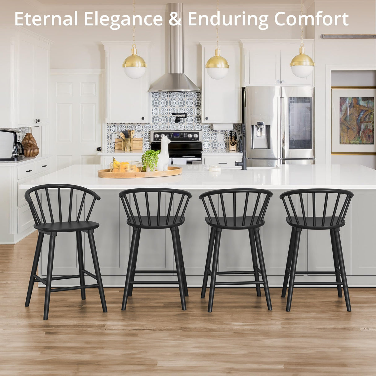 LUE BONA Bar Stools Set of 4, Black Farmhouse Barstools with Semicircular Backrest, Mid Century Modern Counter Height Bar Stools for Kitchen Island, 24 Inch LUE BONA