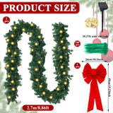 Knitgrip 2 Pcs 9ft Christmas Fence Decorations with Solar Light Christmas Outdoor Decorations with 4 Pcs Large Red Bows Cable Ties for Holiday Patio Outdoor Fence Eaves Knitgrip