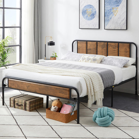VECELO Industrial Queen Size Platform Bed Frame with Wooden Headboard - Sturdy, No Box Spring Needed, Brown VECELO