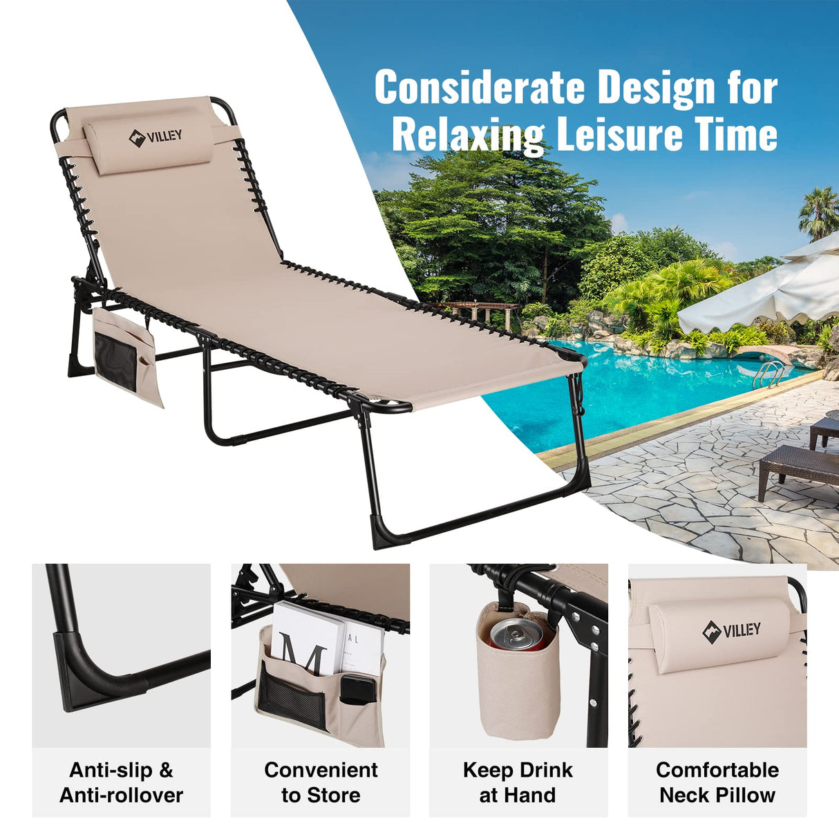 VILLEY Oversize Chaise Lounge Outdoor, Heavy-Duty Folding Lounge Chair for Outside, Portable Trifold Beach Lounger with 5 Adjustable Positions for Outdoor, Patio, Beach, Lawn, Backyard, Camping -Beige VILLEY