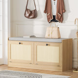 MHOM Rattan Shoe Bench for Entryway, Hallway and Bedroom - Boho Bench With Storage Cabinets and Seat Cushion - Wooden Storage Bench Fits up to Size 16 - Natural Oak MHOM