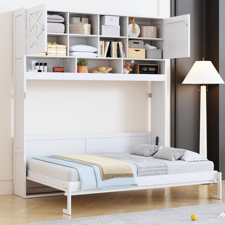 Merax Queen Size Murphy Bed with Ample Storage Shelves, Horizontal Murphy Wall Bed with Diamond Stripes, No Box Spring Needed, White Merax