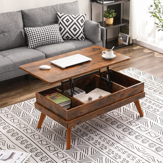 Bidiso Lift Top Coffee Table, Easy-to-Assembly Center Table with Hidden Storage Compartment, Industrial Lift Tabletop Dining Table for Living Room Reception/Home Office, Rustic Brown - WoodArtSupply