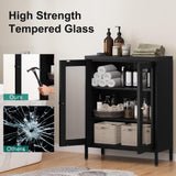 Bevivog Bathroom Floor Cabinet with Glass Doors Small Metal Storage Cabinet FreeStanding Metal Accent Cabinets with Two Door Storage Shelves, Locker Display Cabinet for Home Office Living Room Bevivog