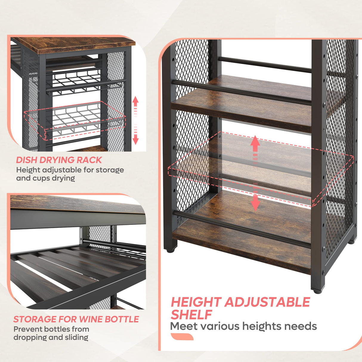 Expandable Rustic Brown Bar Table and Chair Set with Wine Rack and Adjustable Storage Shelves by Bestier Bestier
