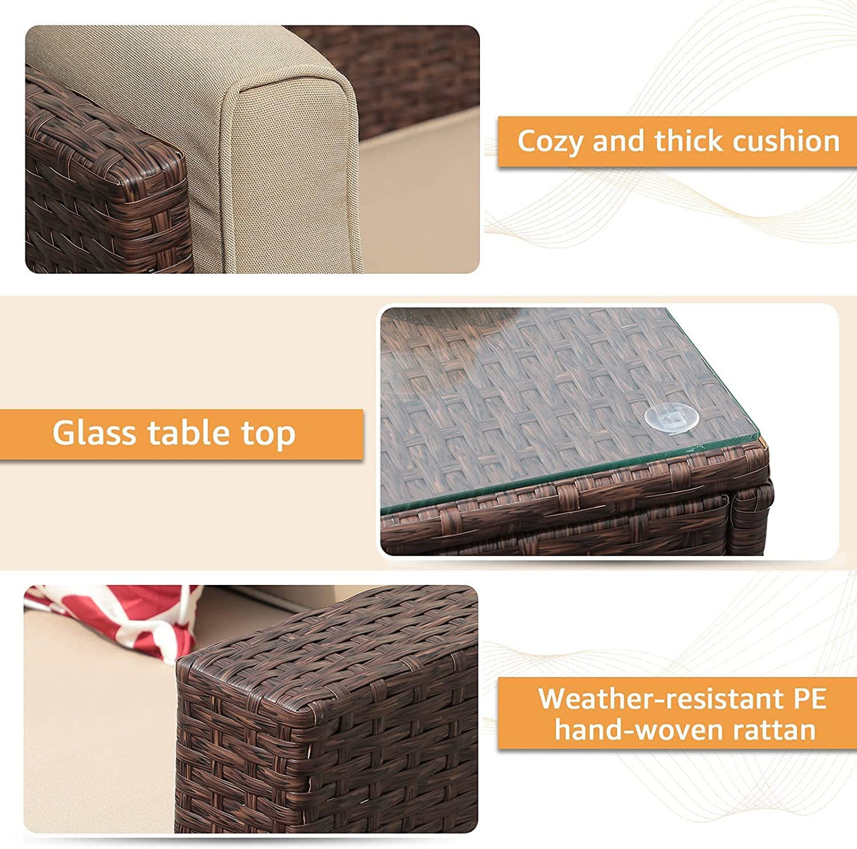 Super Patio 8 Piece Outdoor Patio Furniture Set, Patio Conversation Sets, All-Weather PE Wicker Outdoor Sectional Sofa with Ottoman, Tempered Glass Coffee Table, Three Red Pillows, Espresso Brown Super Patio