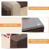 Super Patio 8 Piece Outdoor Patio Furniture Set, Patio Conversation Sets, All-Weather PE Wicker Outdoor Sectional Sofa with Ottoman, Tempered Glass Coffee Table, Three Red Pillows, Espresso Brown Super Patio