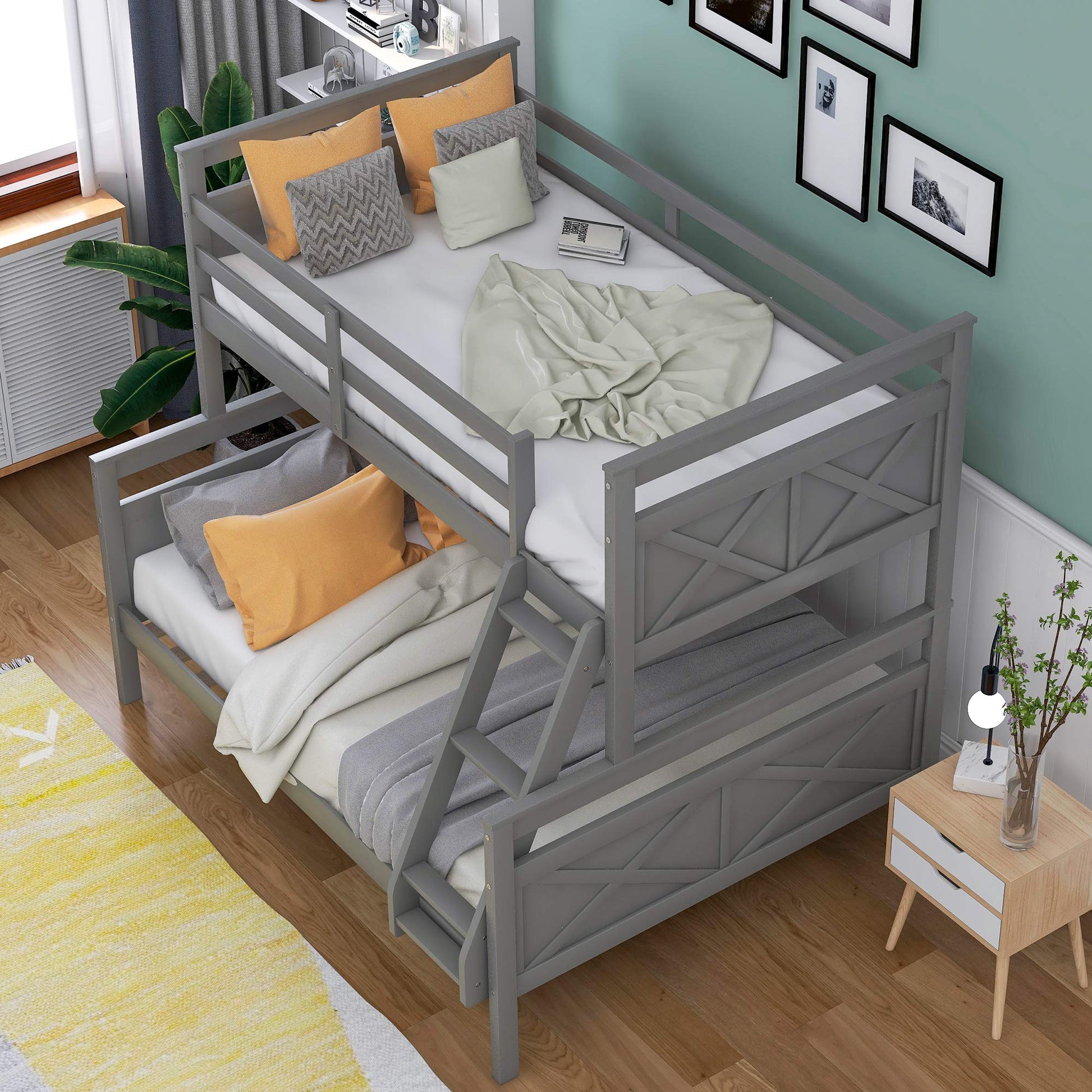 Majnesvon Grey Twin Over Full Bunk Bed Frame with Ladder and Guardrail, Convertible to Two Beds - WoodArtSupply