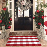 Christmas Red and White Plaid Rug, 28 x 43 Inches Cotton Hand-Woven Layered Door Mat for Front Porch, Entryway, Outdoor Holiday Decor, Washable Buffalo Check Rug for Home, Patio, Kitchen Homydecor