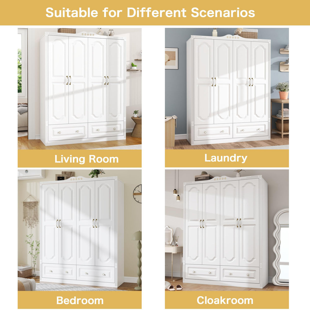 LABROSKIA White Armoire Wardrobe Closet with Drawers: 74" Large Wardrobe Closet with 4 Doors and 2 Drawers, Bedroom Armoires with Hanging Rod, Wooden Armoire Closets for Hanging Clothes (White, 59") LABROSKIA