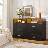 EnHomee Black Dresser for Bedroom with 6 Drawers and Shelves,Modern Wood Dresser with LED Lights,Large TV Stand,Hallway,47.3" W x 39.4" H x 15.8" D,Black EnHomee