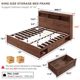 ACCOHOHO King Size Wood Bed Frame Farmhouse with 52" Tall Storage Bookcase Headboard, LED Light,Charging Station,4 Drawers and Solid Wood Slats Support,Noiseless,No Box Spring Needed - Brown ACCOHOHO