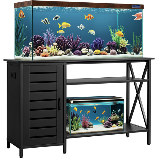 GUNJI 55-75 Gallon Aquarium Stand, Fish Tank Stand with Cabinets and Shelves, Aquarium Tank with Power Outlets, Heavy Duty Metal Turtle Tank 52 inch x 19.68 inch Desktop for 1200LBS Capacity  - WoodArtSupply