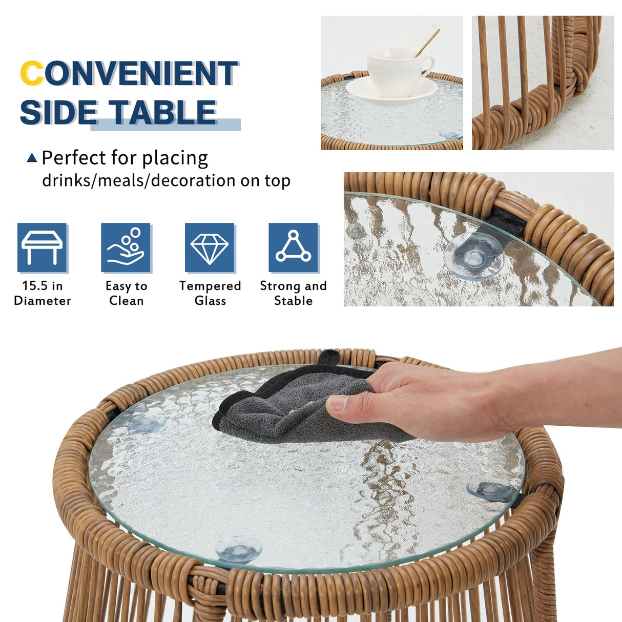 EROMMY 3 Piece Patio Furniture Set, L-Shaped Sectional Conversation Sofa Set with Thick Cushions and Toughened Glass Coffee Table for Backyard Balcony Garden Porch, White EROMMY