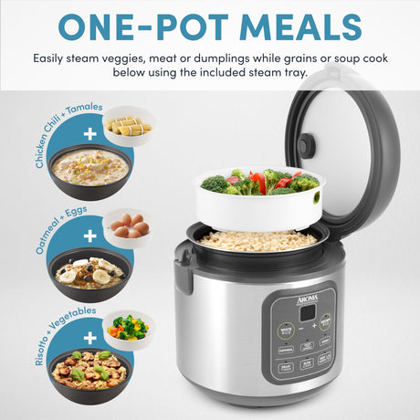 AROMA Professional Digital Rice Cooker, Multicooker, 4-Cup (Uncooked) / 8-Cup (Cooked), Steamer, Slow Cooker, Grain Cooker, 2Qt, Stainless Steel Exterior, ARC-994SG AROMA