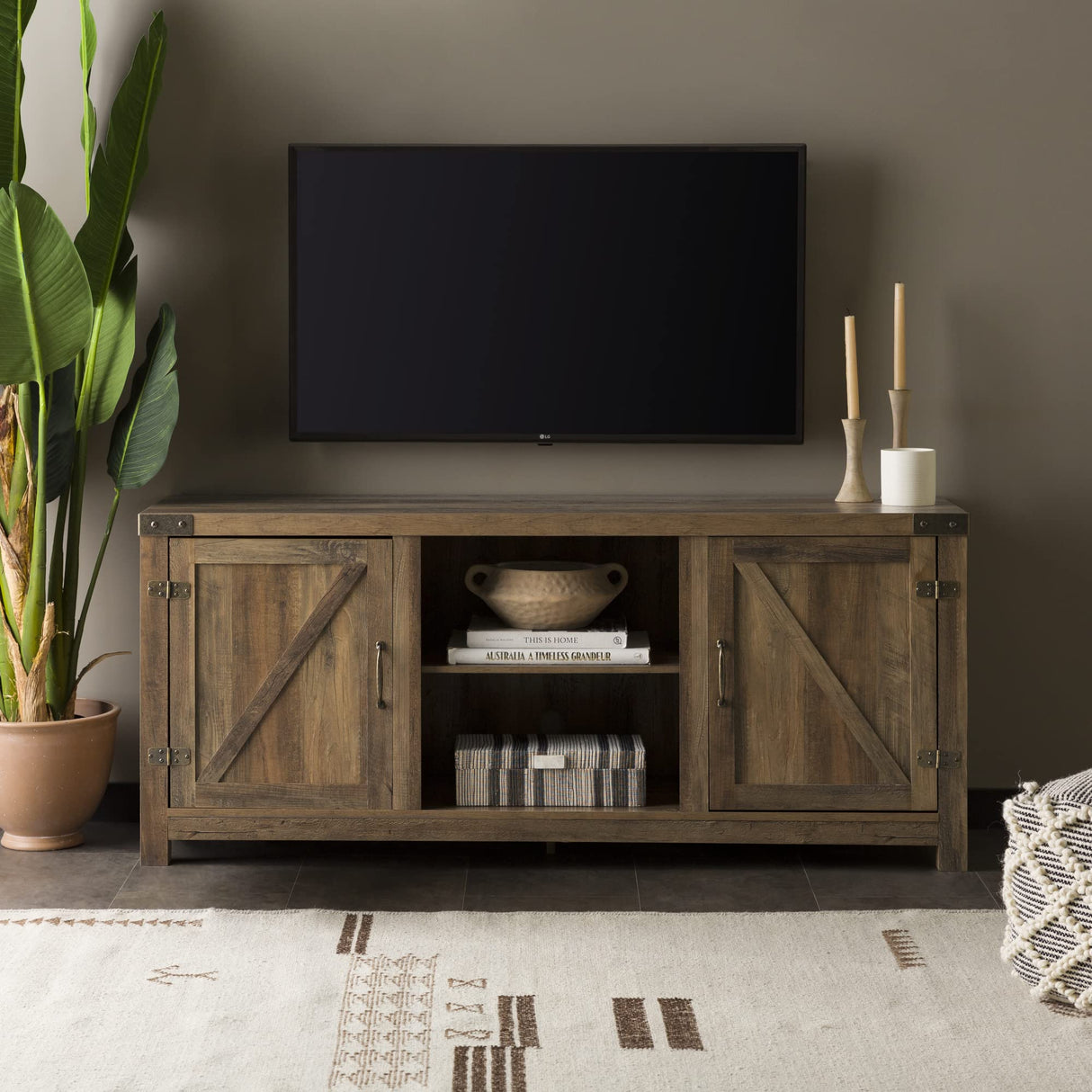 Walker Edison Georgetown Modern Farmhouse Double Barn Door TV Stand for TVs up to 65 Inches, 58 Inch, Rustic Oak Walker Edison