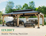 AMERLIFE 12x20 ft Hardtop Gazebo, Spruce Wood Gazebo with Iron Double Roof, Outdoor Pergola with Wood Frame for Garden, Porch, Patio, Charcoal Gray + Brown Gray AMERLIFE