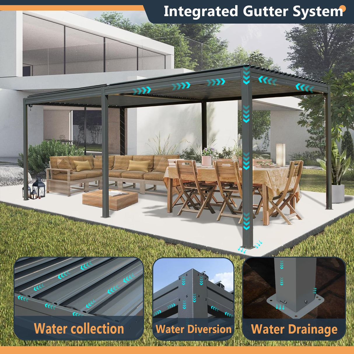 Domi Outdoor Louvered Pergola 10x20FT with Adjustable Steel Roof, Outdoor Aluminum Frame Rainproof Pergola for Backyard, Garden and Lawn,Dark Gray domi outdoor living