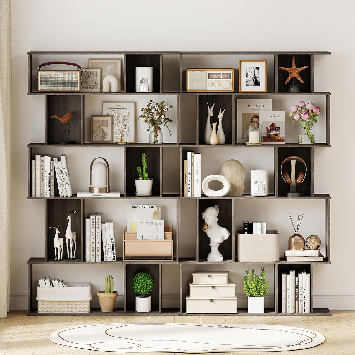 Tangkula 5-Tier Geometric Bookshelf, 62”H Bookcase with Open Shelves & Closed-Back Cubes, S-Shaped Decorative Display Rack Storage Organizer for Living Room Bedroom Home Office (2, Gray Oak) Tangkula