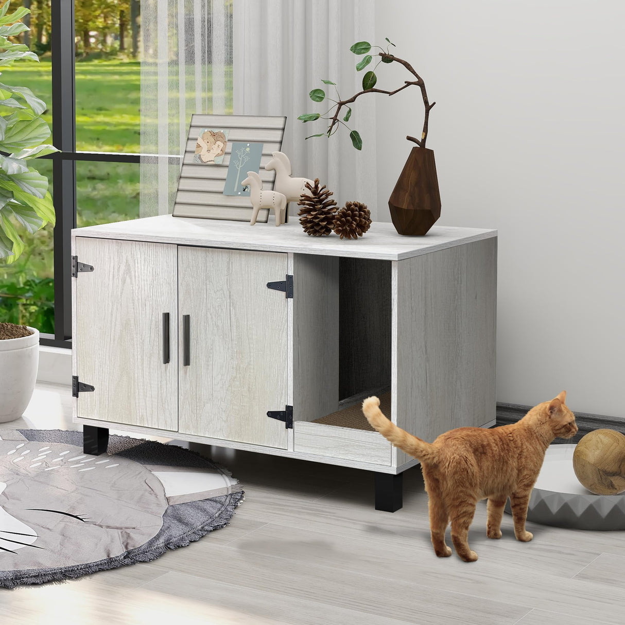 TaoHFE Litter Box Enclosure Cat Litter Box Furniture Hidden With Cat Scratch Pad Decorative Farmhouse Wooden Hidden Litter Box Cat House Litterbox Furniture Cat Box Furniture Litter Box Cabinet (Pine) TaoHFE