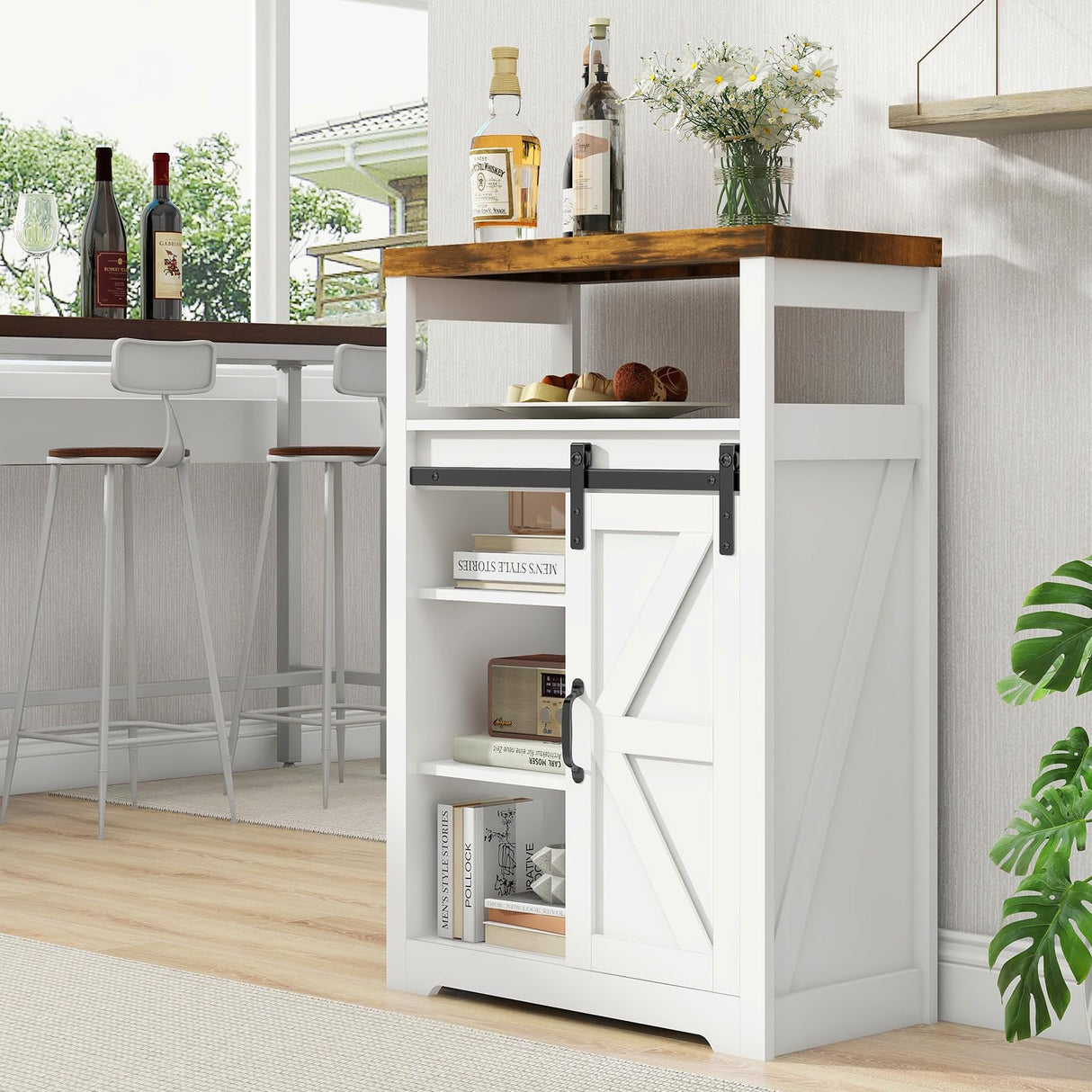 Vabches Bathroom Floor Cabinet, Small Storage Cabinet with Sliding Door, Adjustable Shelf, Farmhouse Storage Cabinet for Bathroom, Kitchen, Living Room, Rustic Style Cabinet, White Vabches