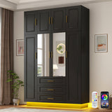 Hlivelood Large Armoire Wardrobe Closet Cabinet with Drawers and LED Lights, Multi-Tier Shelves, Hanging Rod, Large Capacity Storage 4 Door Wardrobe Armoire with Top Cabinet for Bedroom, Black Hlivelood