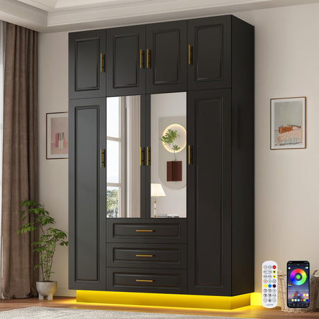 Hlivelood Large Armoire Wardrobe Closet Cabinet with Drawers and LED Lights, Multi-Tier Shelves, Hanging Rod, Large Capacity Storage 4 Door Wardrobe Armoire with Top Cabinet for Bedroom, Black Hlivelood