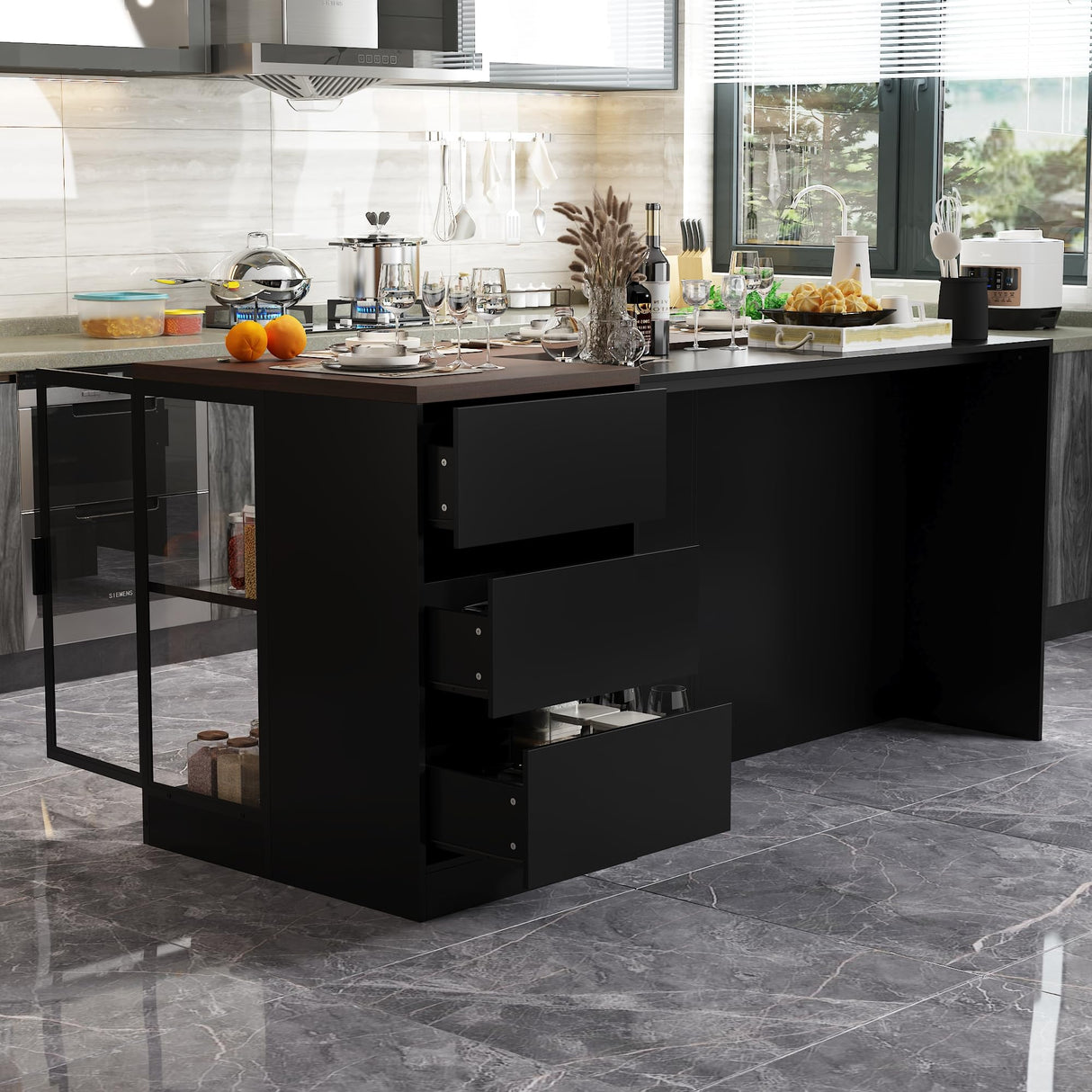 AGOTENI 77.6" W Large Kitchen Island with Storage & 3-Color Light, Island Table with Glass Doors, Adjustable Shelf and Drawers for Kitchen Dining Room, Black & Brown Wood Grain AGOTENI