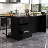 AGOTENI 77.6" W Large Kitchen Island with Storage & 3-Color Light, Island Table with Glass Doors, Adjustable Shelf and Drawers for Kitchen Dining Room, Black & Brown Wood Grain AGOTENI