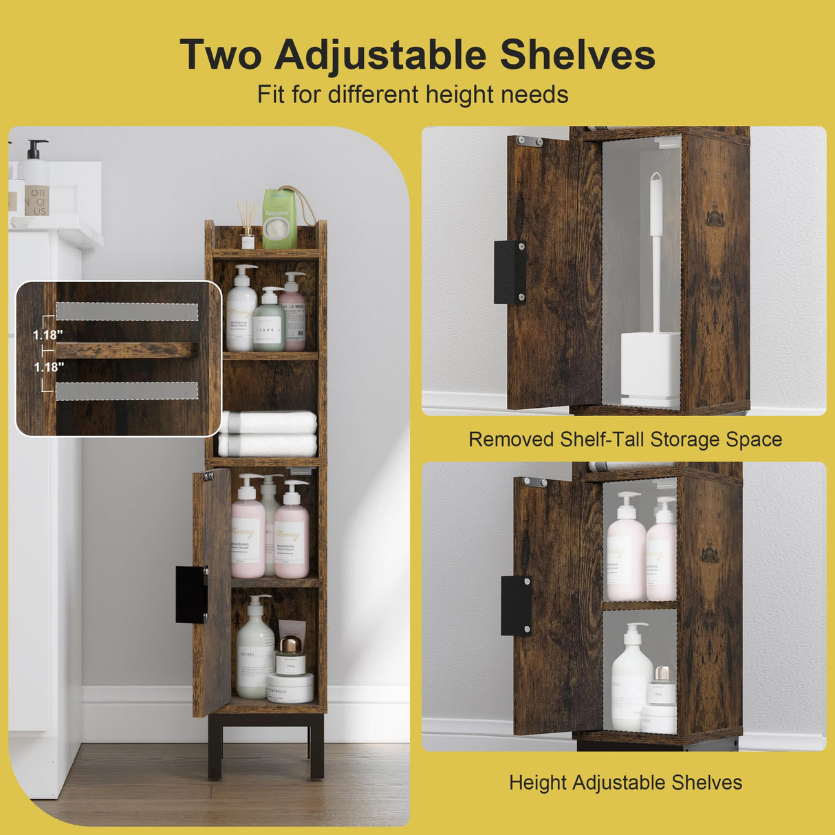 FerniTry Small Bathroom Storage Cabinet, Corner Floor Narrow Toilet Paper Cabinet with Door and Shelves,Bathroom Organizer with Adjustable Shelf, for Small Spaces (Rustic Brown) FerniTry