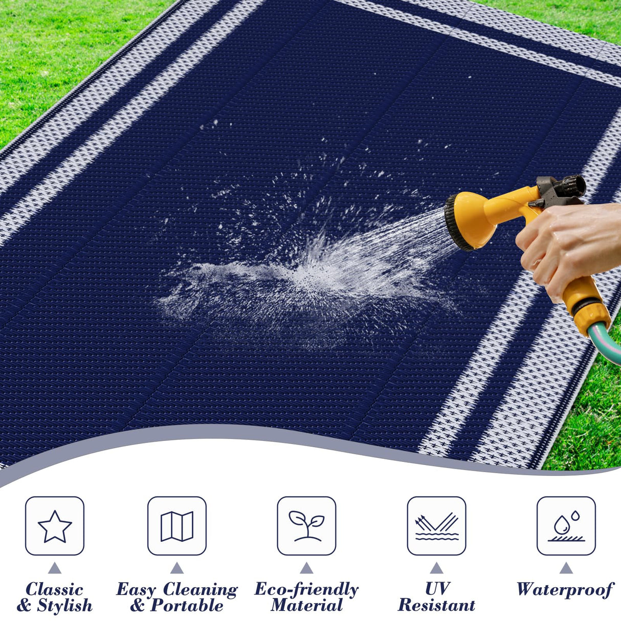 KMAT Outdoor Rug, Waterproof Reversible Patio Rugs, 5x8ft Large Outdoor Area Rug Foldable Plastic Camping Rugs for Outside RV, Patio,Picnic,Camper,Balcony,Porch (Blue &White) KMAT