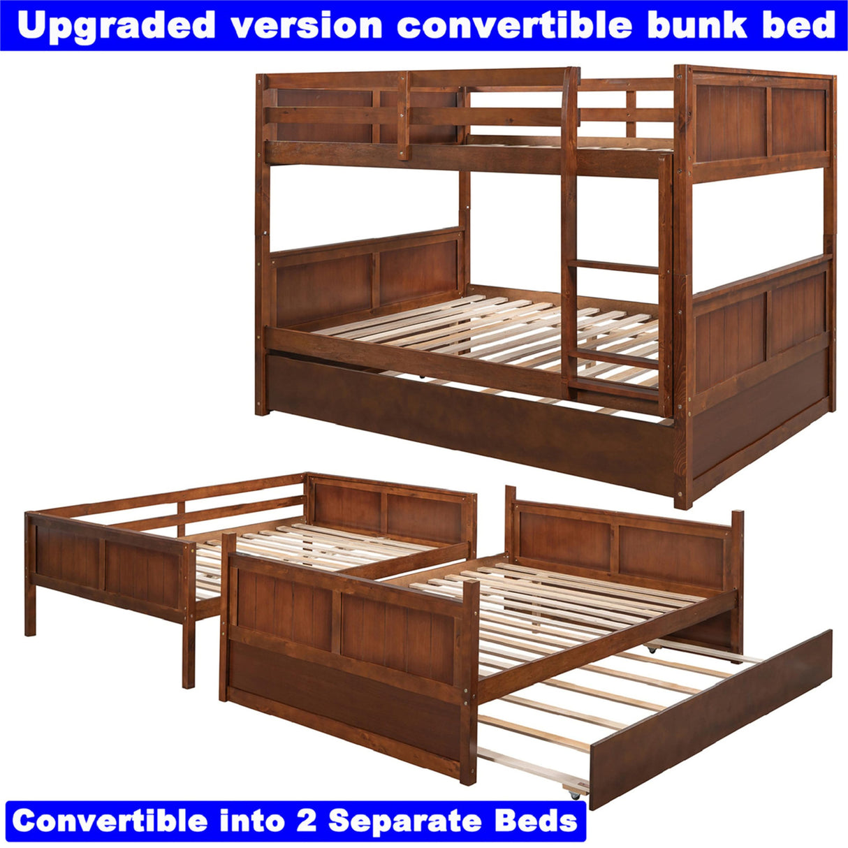 DOONREXS New Upgrade Thicken Solid Wood Bunk Bed Full Over Full with Trundle, Full Size Bunk Beds Frame with Ladder and Safety Guard Rail, Convertible to 2 Beds, Easy Assembly (Walnut) WoodArtSupply