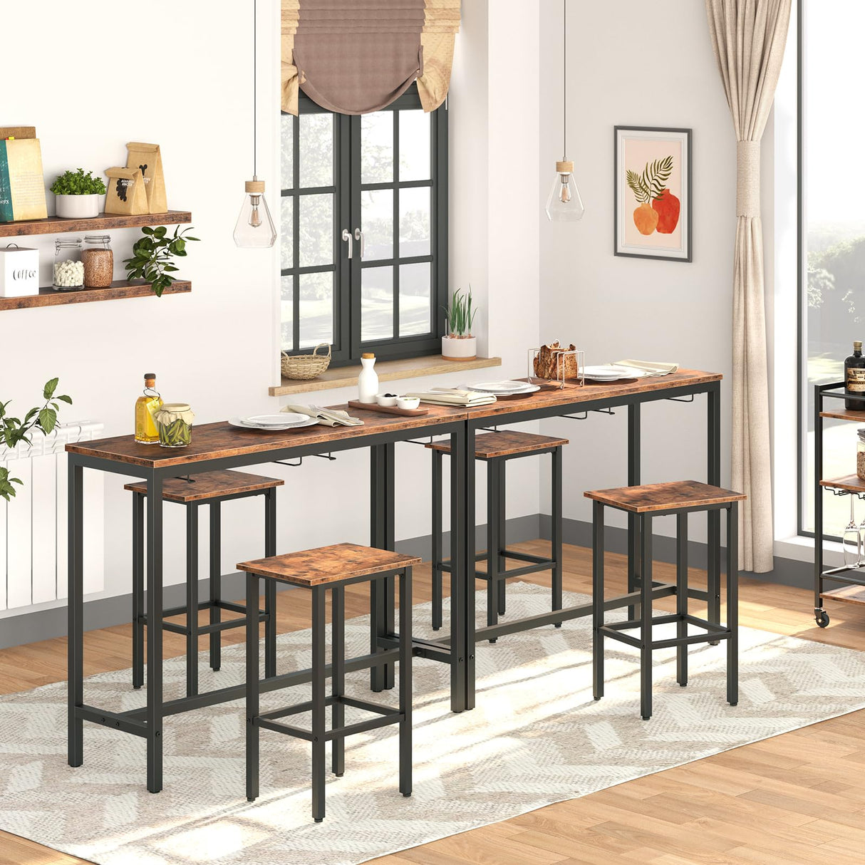 HOOBRO Rustic Brown Bar Table Set with Stools - Space-Saving Pub Dining Solution HOOBRO