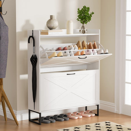 Foctaga Shoe Cabinet with 2 Flip Drawers, Freestanding Shoe Organizer with Removable Hooks, Narrow Shoe Rack Cabinet for Entryway, Hallway, Living Room, White Foctaga