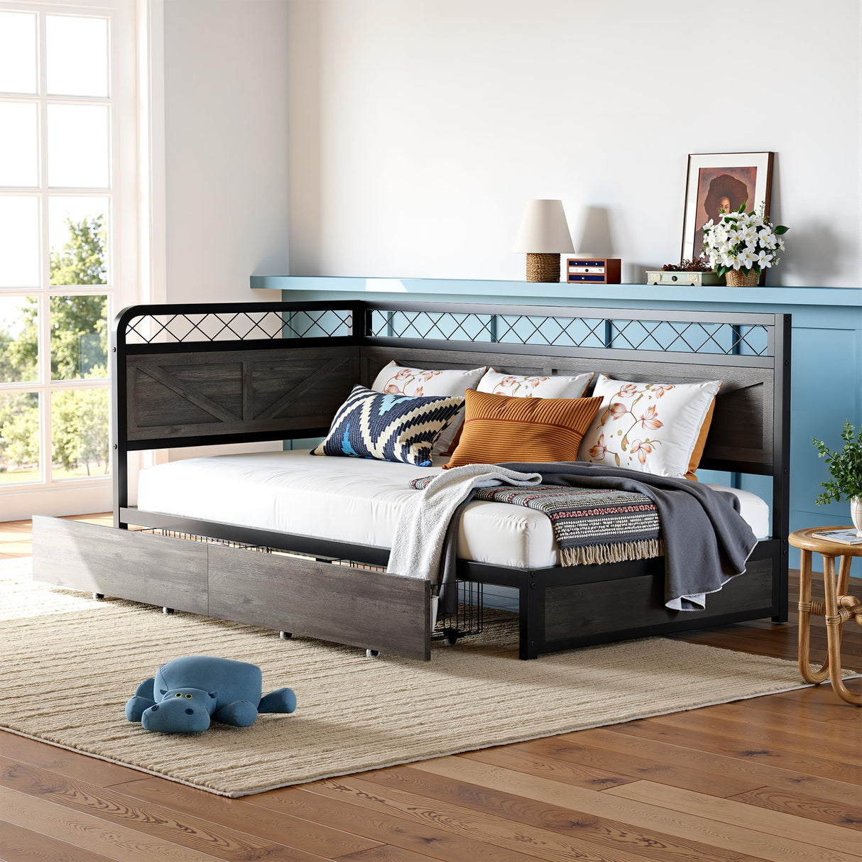 ANCTOR Twin Daybed with Storage Drawers, Corner Bed Frame with LED Lights and Charging Station for Living Room, Bedroom and Guest Room, Charcoal Grey ANCTOR