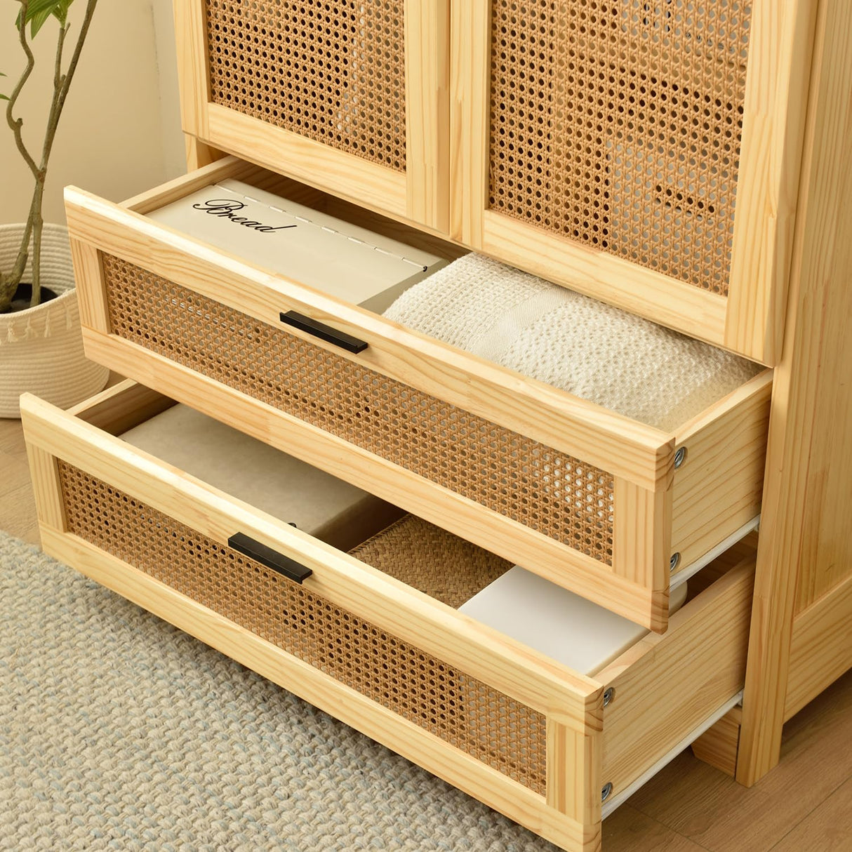 Better Home Products Pine Wood Closet with Rattan Doors and 2-Drawers in Natural Better Home Products