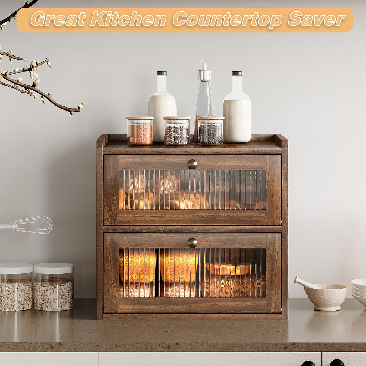 Alpeir Double Layer Large Bread Box for Kitchen Counter, Wooden Corner Bread Storage Container with Acrylic Window, Retro Brown Alpeir
