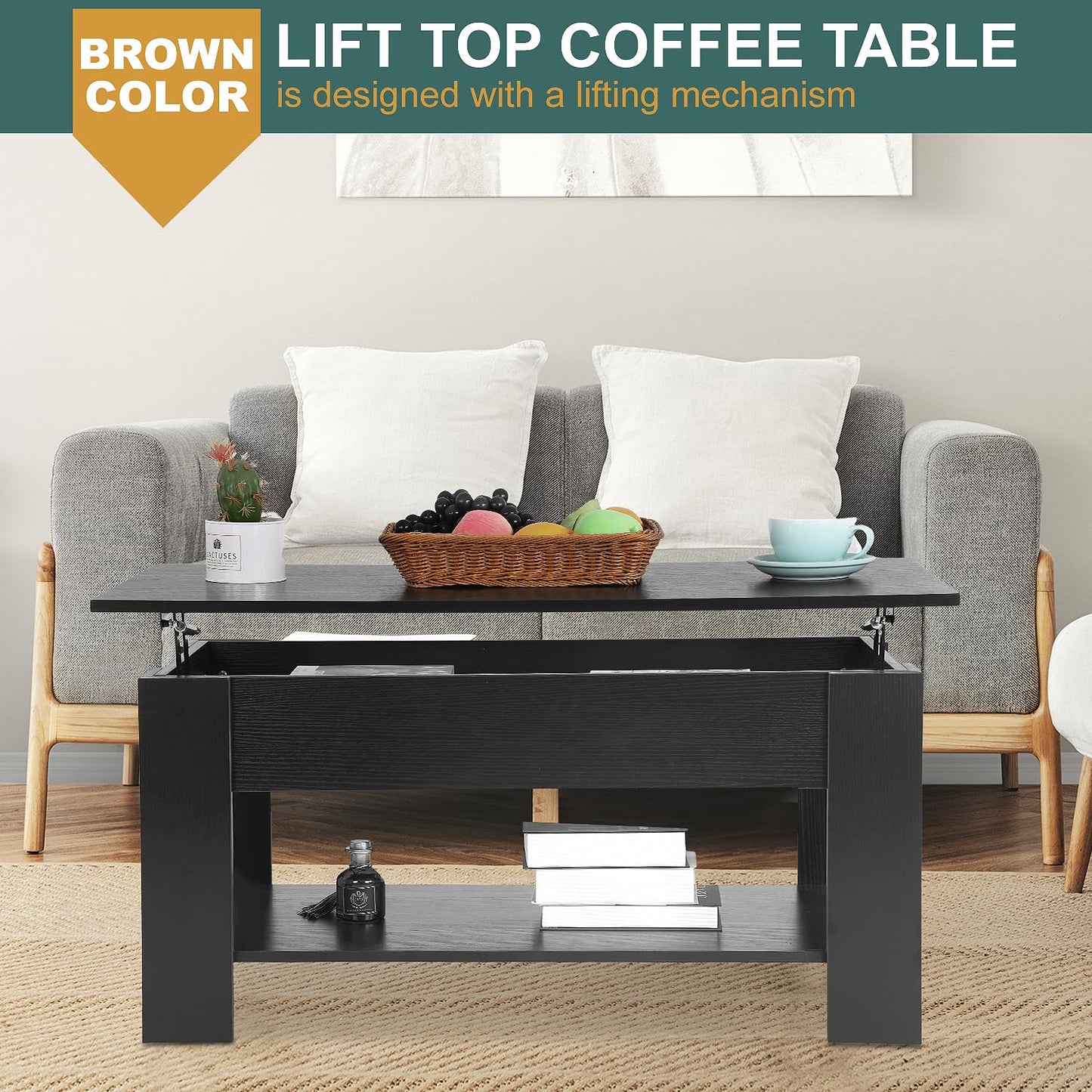 PayLessHere Coffee Table Lift Top Coffee Tables with Hidden Compartment and Storage Shelf Wooden Lift Tabletop Dining Table for Living Room Home (Black, 39" D x 28" W x 24" H)