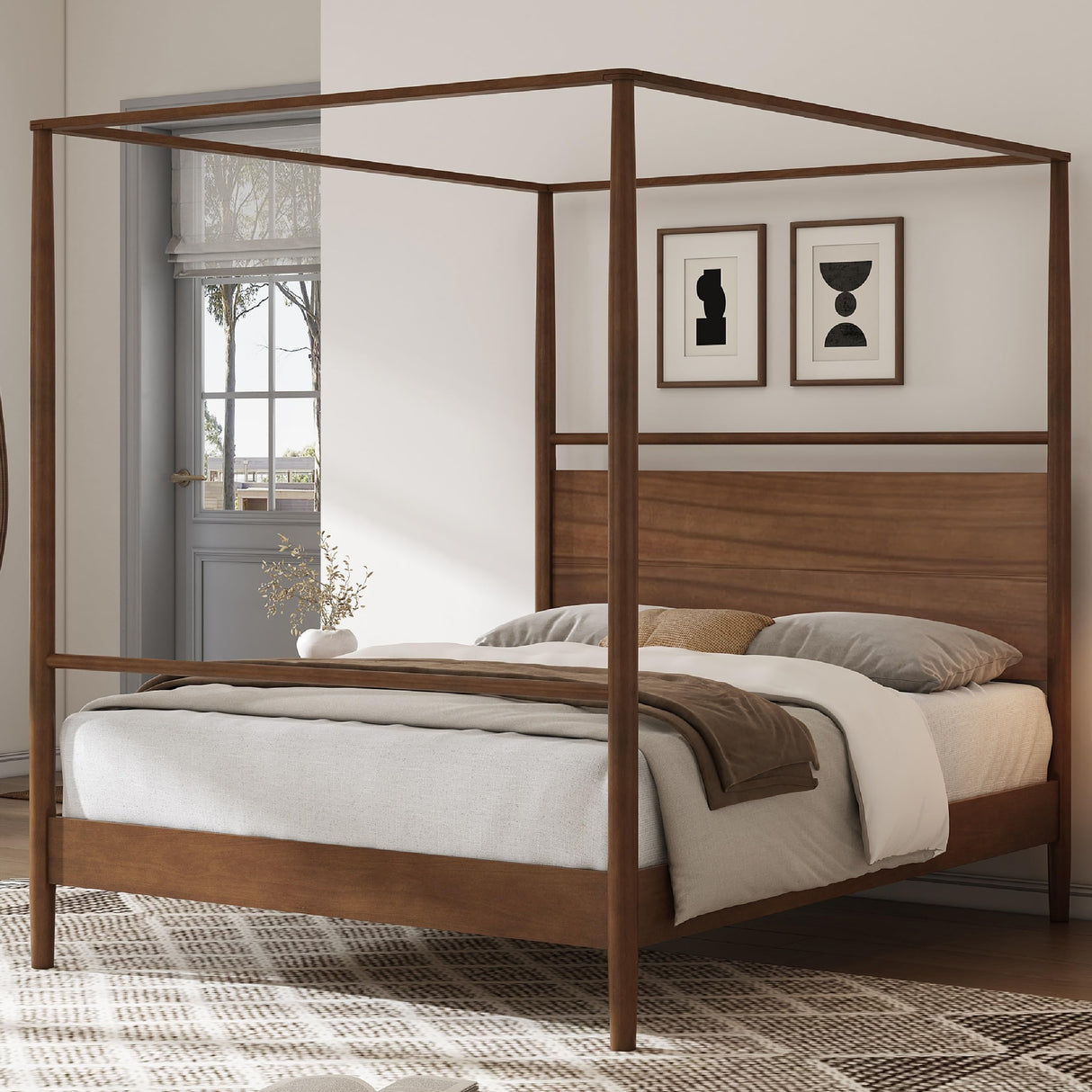 Merax Wood Canopy Bed Frame King Size, Four Posters Bed/Squeak Resistant/No Box Spring Needed, Walnut Merax