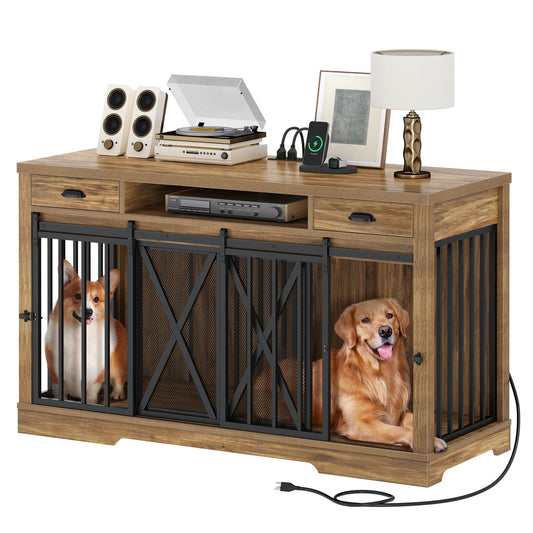 DWVO 63 Inch Double Dog Crate Furniture for 2 Dogs, Heavy Duty Wooden Dog Crate TV Stand with Charging Station, Dog Kennel Indoor Furniture Double Sliding Barn Door Design Ideal for 2 Dogs, Oak