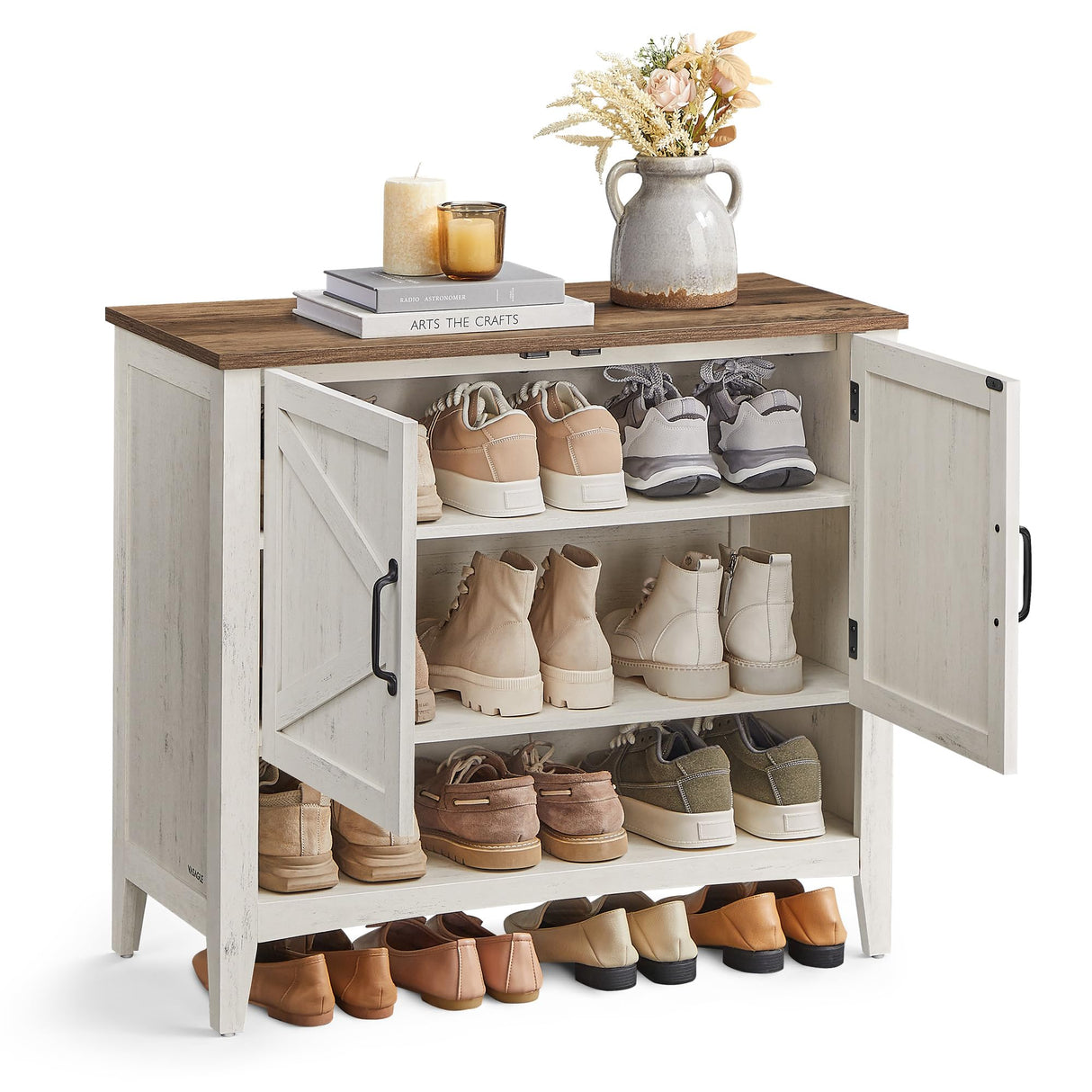VASAGLE Shoe Cabinet, 3-Tier Shoe Storage Organizer, Farmhouse Freestanding Cabinet with Height-Adjustable Shelf, 13.8 x 31.5 x 27.6 Inches, Entryway, Rustic White ULBC038W01 VASAGLE