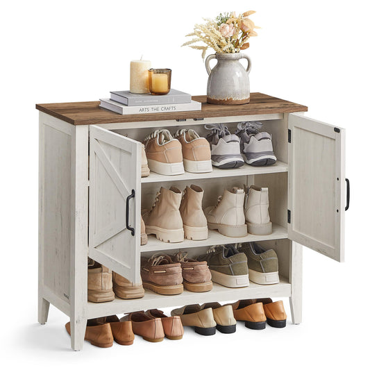 VASAGLE Shoe Cabinet, 3-Tier Shoe Storage Organizer, Shoe Shelf, Traditional American, Freestanding Cabinet with Height-Adjustable Shelf, 13.8 x 31.5 x 27.6 Inches, Entryway, Rustic White ULBC038W01