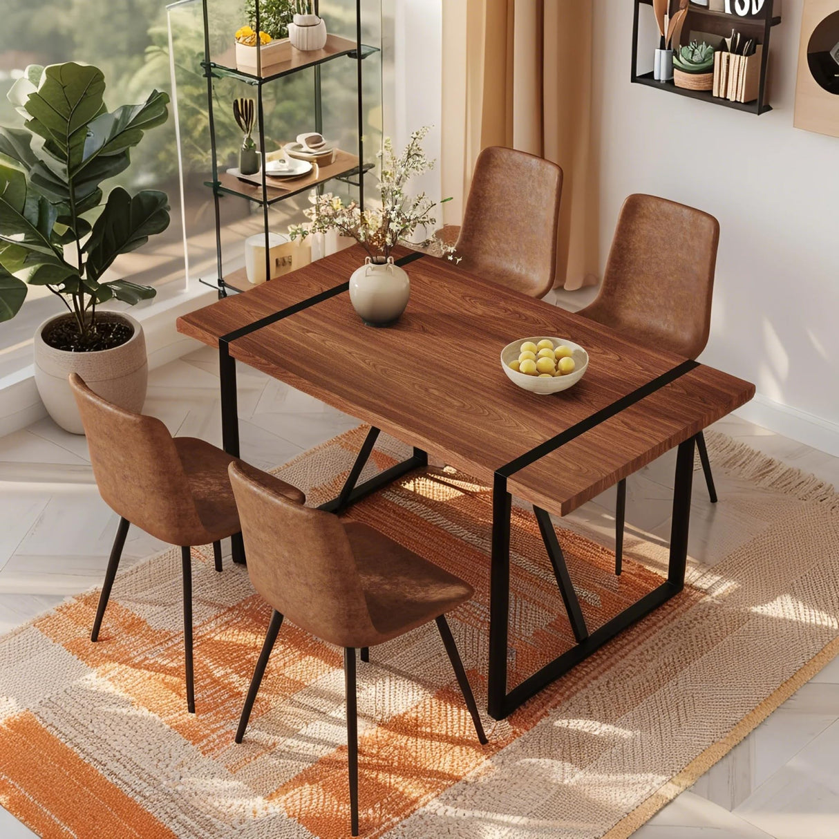 55" Wooden Dining Table Set for 4 with Walnut Tabletop and Brown Upholstered Chairs, Industrial Style Kitchen Table Chairs Set of 4 for Dining Room Runave